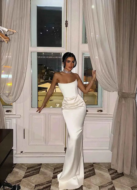 Sexy High Waist Strapless Maxi Dress Women Fashion Backless Sleeveless Pleated Satin Slim Robes Elegant Lady Party Evening Gowns