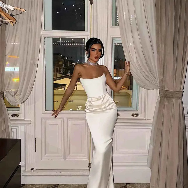 Sexy High Waist Strapless Maxi Dress Women Fashion Backless Sleeveless Pleated Satin Slim Robes Elegant Lady Party Evening Gowns