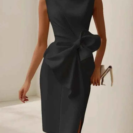 Elegante abito con fiocco solido per le donne Moda senza maniche O collo Pacchetto sottile Abiti alla moda Lady Serata formale Abbigliamento da donna