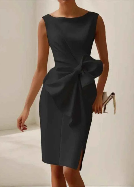 Elegante abito con fiocco solido per le donne Moda senza maniche O collo Pacchetto sottile Abiti alla moda Lady Serata formale Abbigliamento da donna
