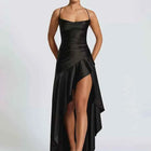 Mozision Satin Spaghetti Strap Ruffle Sexy Maxi Dress Women Off-shoulder Sleeveless Backless Thigh High Split Club Party Dress