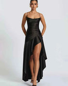 Mozision Satin Spaghetti Strap Ruffle Sexy Maxi Dress Women Off-shoulder Sleeveless Backless Thigh High Split Club Party Dress