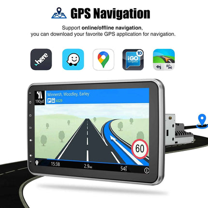 ESSGOO 10.1"Android14 4-64G 360°Rotatable Touchscreen 1 DIN Car Radio Wireless Carplay Bluetooth GPS Navi RDS WIFI MIC EQ FM SWC