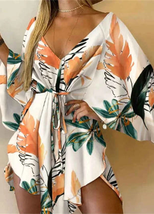 Abito da donna con stampa sexy scollo a V manica a pipistrello con volant fiori stampa Bohemian Beach vestito estivo da donna mini abiti larghi per le vacanze estive
