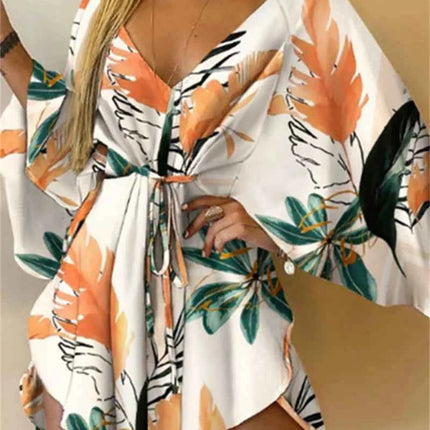 Abito da donna con stampa sexy scollo a V manica a pipistrello con volant fiori stampa Bohemian Beach vestito estivo da donna mini abiti larghi per le vacanze estive
