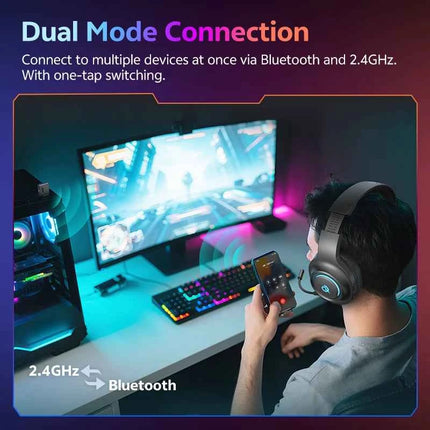 QCY Heroad V200 Over Ear Headphones Bluetooth 6.0 Wireless Earphones 50mm Driver 7.1 Surround Sound RGB Gaming Headset with Mic