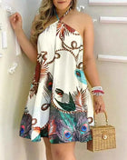 Abito con scollo all'americana con stampa floreale Abito halter senza schienale Boho per abbigliamento da donna primavera estate