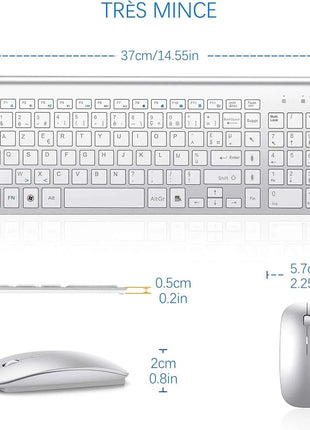 AZERTY French Layout 2.4G Mouse Keyboard Ultra-Slim Wireless Keyboard and Mouse Set Silent Compact for PC Laptop Windows