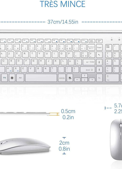 AZERTY French Layout 2.4G Mouse Keyboard Ultra-Slim Wireless Keyboard and Mouse Set Silent Compact for PC Laptop Windows