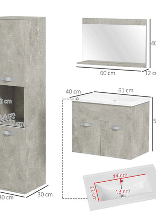 Kleankin 4-Piece Furniture Bathroom Set with 60cm Ceramic Wash Basin, Bathroom Furniture, Wooden Column and Mirror, Grey