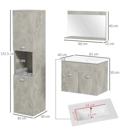 Kleankin 4-Piece Furniture Bathroom Set with 60cm Ceramic Wash Basin, Bathroom Furniture, Wooden Column and Mirror, Grey