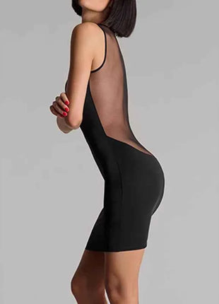 Abiti alla Moda Minimalisti e Sexy con Inserti in Rete Nera, Scollo a V Profondo, Senza Maniche, Aderenti e Versatili, Gonne Mini con Collo Rotondo