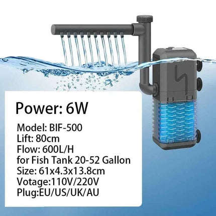 3-IN-1 Aquarium Internal Filter Pump Silent Wave-Maker Submersible Fish Tank Filters Air Oxygen Aerator for Saltwater Freshwater