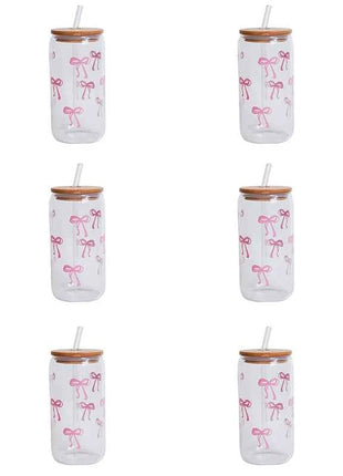 Set Bicchieri in Vetro con Fiocco Coperchio e Cannuccia per Casa Picnic Colazione e Feste