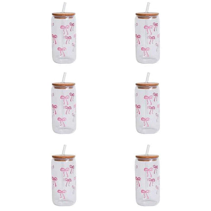 Set Bicchieri in Vetro con Fiocco Coperchio e Cannuccia per Casa Picnic Colazione e Feste