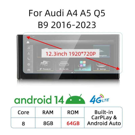 12.3 Android 14 Wireless Carplay For Audi A4 A5 Q5 B9 2017 2016-2023 IPS Touch Screen WIFI Multimedia Stereo GPS Navi Receiver