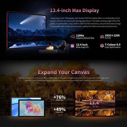 Teclast T65 Plus Tablet Android 15 13,4" 120Hz IPS 20GB RAM (8GB+12GB) 256GB ROM 10000mAh Doppia 4G TLE GPS 13MP AI Camera T65Plus