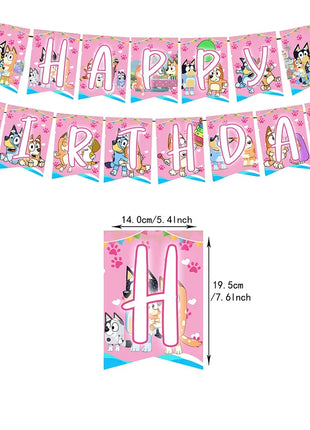Decorazioni per feste di compleanno a tema Bluey/Bingo, set di piatti di carta usa e getta, striscione, bandierine per torta, palloncini a forma di cane.