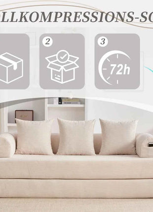 Folding Compression Sofa with Metal Frame, Side Pockets Plus 3 Pillows. Freely Configurable. Modern Metal-fabric Combination