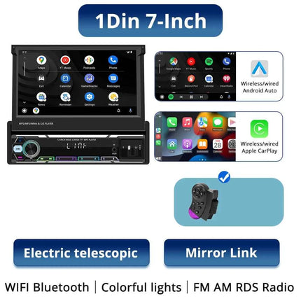 1Din Car Radio 7Inch Automatic Retractable Touch Screen Wireless Carplay Android auto MP5 Multimedia Player Bluetooth FM RDS AUX