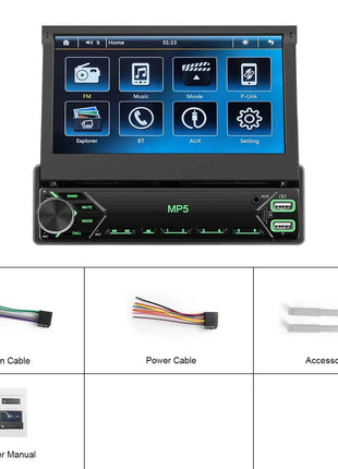 Hikity Multimedia Player Mirror Link 7'' HD Manual Retractable Touchscreen Universal MP5 Car Player BT FM TF Colorful Backlight