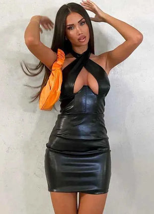 Trendy Streetwear PU Leather Party Dress Donna Sexy Scava Fuori Pacchetto Hip Slim Halter Neck Mini Abiti Hot Girls Abiti Nuovo