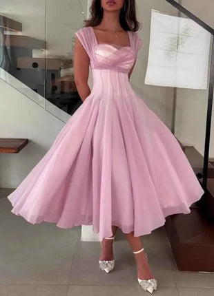 Abito Elegante da Donna in Tulle, Vestito Formale Estivo Sexy con Scollo Quadrato, Corsetto in Vita, Linea ad A, Lunghezza al Ginocchio, per Matrimoni e Cocktail Party