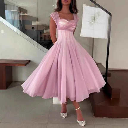Abito Elegante da Donna in Tulle, Vestito Formale Estivo Sexy con Scollo Quadrato, Corsetto in Vita, Linea ad A, Lunghezza al Ginocchio, per Matrimoni e Cocktail Party
