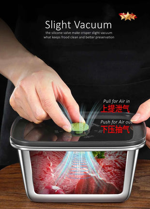 LFGB Certification 304 Stainless Steel Kitchen Food Preservation Box Air Out Slight Vaccum Crisper Well Sealed Seafood Container