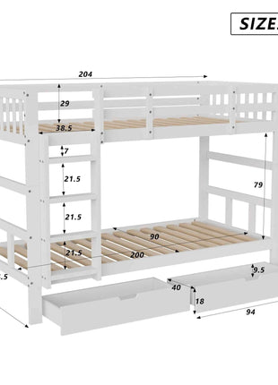 Rosahqnda children's bunk bed 90x200cm with 2 drawers multi-function bed single/double bed,Wooden bed with slatted frame,White
