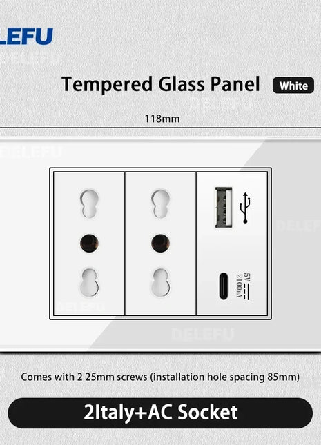 DELEFU Vetro temperato bianco Italia USB TypeC Presa a muro a ricarica rapida Schuko Tuya Wifi Smart Switch Sat TV Tel Campanello Cile