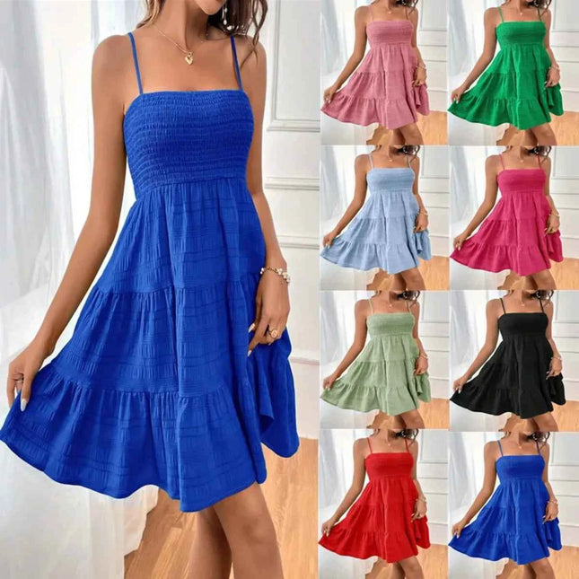 Abito Mini Estivo da Donna con Spalline Sottili, Bustier Arricciato, Blu con Balze a Strati, Casual per Vacanze e Spiaggia