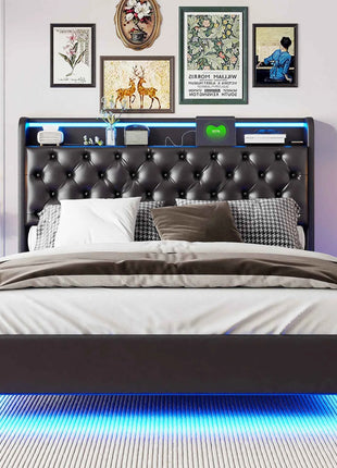 Rosahqnda Upholstered Bed 140/160 x 200 cm with LED Headboard,Hydraulic Storage Space and Metal Frame,Youth Bed,PU