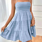 Abito Mini Estivo da Donna con Spalline Sottili, Bustier Arricciato, Blu con Balze a Strati, Casual per Vacanze e Spiaggia
