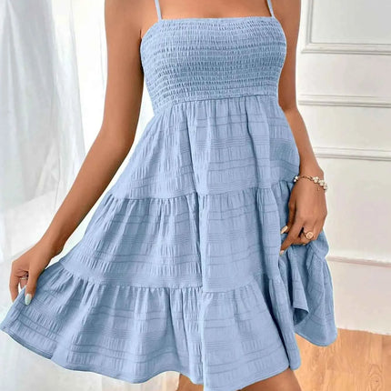 Abito Mini Estivo da Donna con Spalline Sottili, Bustier Arricciato, Blu con Balze a Strati, Casual per Vacanze e Spiaggia