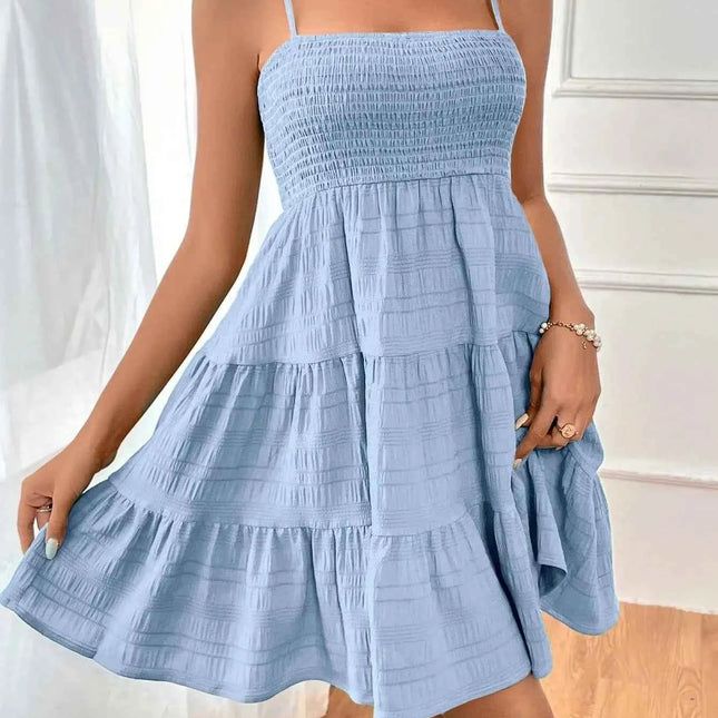 Abito Mini Estivo da Donna con Spalline Sottili, Bustier Arricciato, Blu con Balze a Strati, Casual per Vacanze e Spiaggia