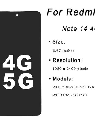 Display AMOLED per Xiaomi Redmi Note 14 4G LCD 24117RN76G 24117RN76O, Schermo Touch per Redmi Note 14 5G 24094RAD4G LCD con Cornice