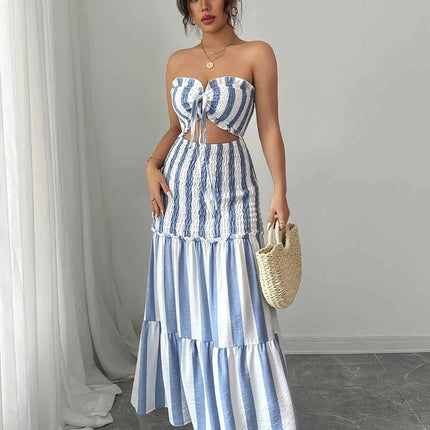 Abito Elegante a Righe con Spalle Scoperte e Gonna Arricciata con Dettaglio Intrecciato Frontale per Donna