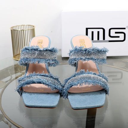Pantofole da donna in denim 2025 nuove pantofole da donna con strass in peluche con tacco a spillo da donna moda outdoor Scarpe da donna eleganti di lusso
