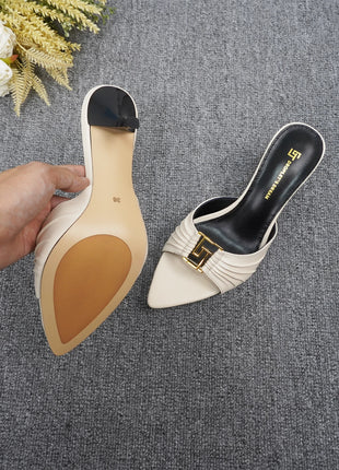 2024 New Women's Summer Pointed Toe Fish Mouth High Heel Slippers Non-slip Outdoor Sexy Slippers GJ Metal Decorative Single Shoes