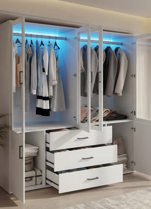 Armadio a 3 ante Fangange con specchio, armadio con luci LED e cassetti, guardaroba in legno con asta appendiabiti