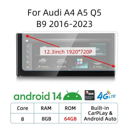 12.3 Android 14 Wireless Carplay For Audi A4 A5 Q5 B9 2017 2016-2023 IPS Touch Screen WIFI Multimedia Stereo GPS Navi Receiver