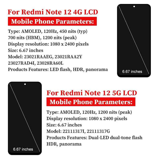 6.67'' AMOLED For Xiaomi Redmi Note 12 Pro 4G LCD Display Touch Screen With Frame Digitizer Assembly 2209116AG 2209116AG Screen