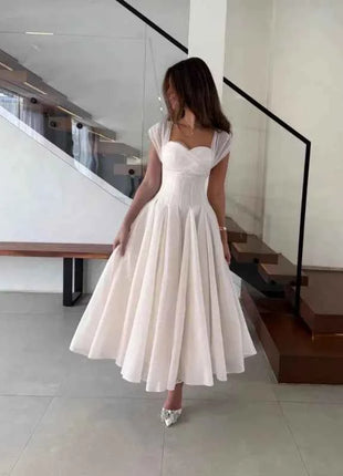 Abito Elegante da Donna in Tulle, Vestito Formale Estivo Sexy con Scollo Quadrato, Corsetto in Vita, Linea ad A, Lunghezza al Ginocchio, per Matrimoni e Cocktail Party