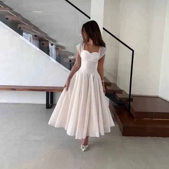 Abito Elegante da Donna in Tulle, Vestito Formale Estivo Sexy con Scollo Quadrato, Corsetto in Vita, Linea ad A, Lunghezza al Ginocchio, per Matrimoni e Cocktail Party