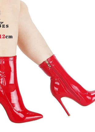10 centimetri 12 CENTIMETRI Donne Sexy Stivaletti Cerniera Tacchi Sottili Stivale Corto Lucido In Pelle Verniciata Tacchi Alti Scarpe Da Ufficio Donna Bota Feminina