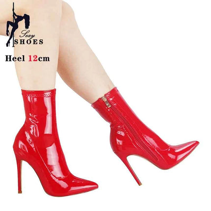 10 centimetri 12 CENTIMETRI Donne Sexy Stivaletti Cerniera Tacchi Sottili Stivale Corto Lucido In Pelle Verniciata Tacchi Alti Scarpe Da Ufficio Donna Bota Feminina