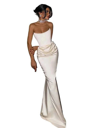 Sexy High Waist Strapless Maxi Dress Women Fashion Backless Sleeveless Pleated Satin Slim Robes Elegant Lady Party Evening Gowns