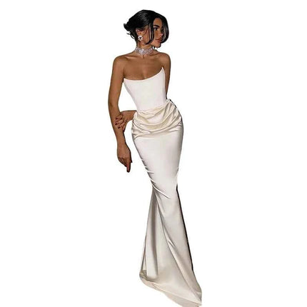 Sexy High Waist Strapless Maxi Dress Women Fashion Backless Sleeveless Pleated Satin Slim Robes Elegant Lady Party Evening Gowns