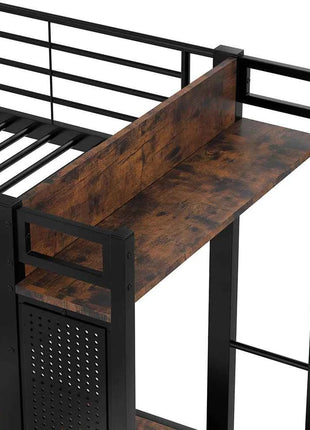 KOMHTOM High Bed 90x200cm Iron frame with desk LED bar USB + TYPE-C socket 4 drawers